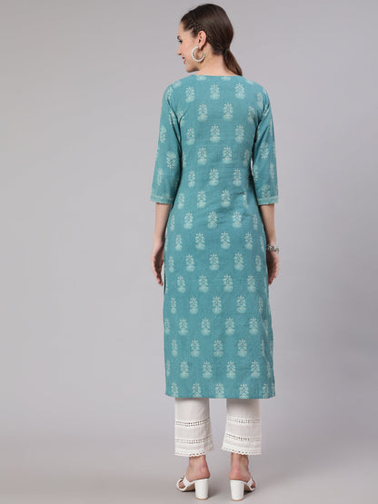 Sea Green Printed Straight Kurta With White Solid Trouser
