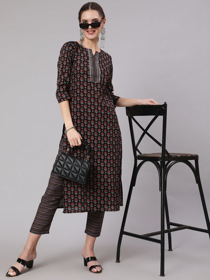 Black Ethnic Printed Straight Kurta With Trouser