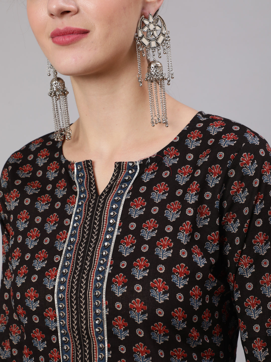 Black Ethnic Printed Straight Kurta With Trouser