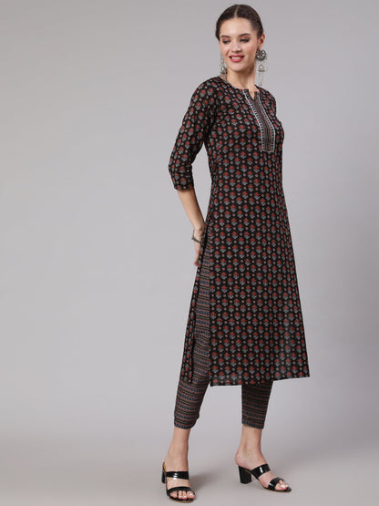 Black Ethnic Printed Straight Kurta With Trouser