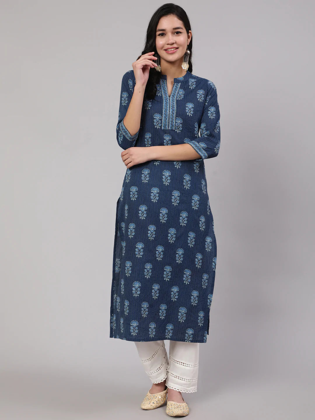 Blue Printed Straight Kurta With White Solid Trouser