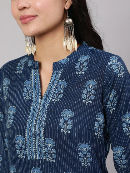 Blue Printed Straight Kurta With White Solid Trouser