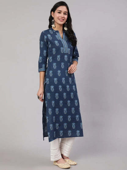 Blue Printed Straight Kurta With White Solid Trouser