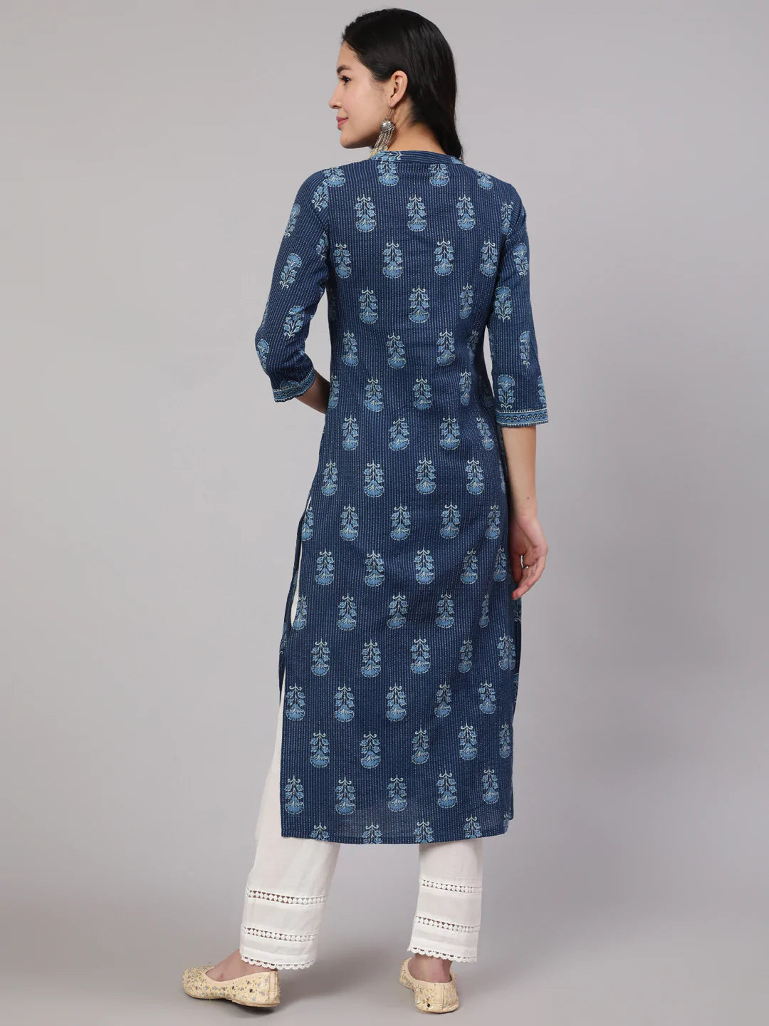 Blue Printed Straight Kurta With White Solid Trouser