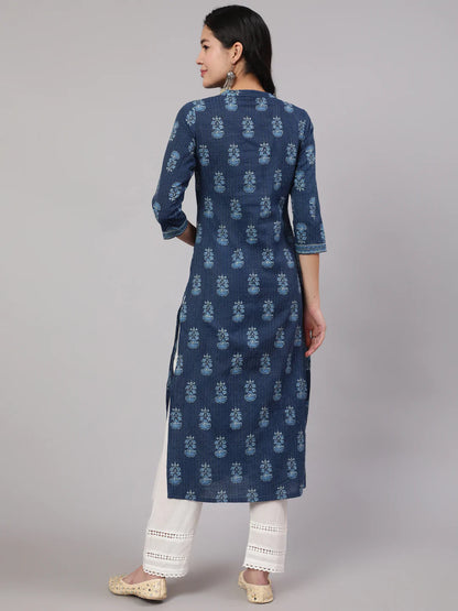Blue Printed Straight Kurta With White Solid Trouser