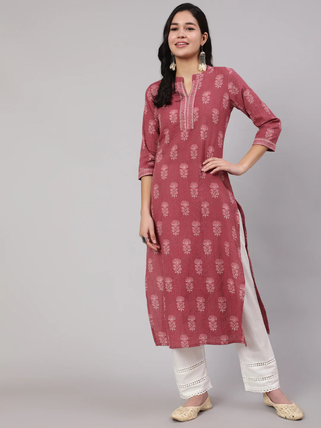 Mauve Printed Straight Kurta With White Solid Trouser