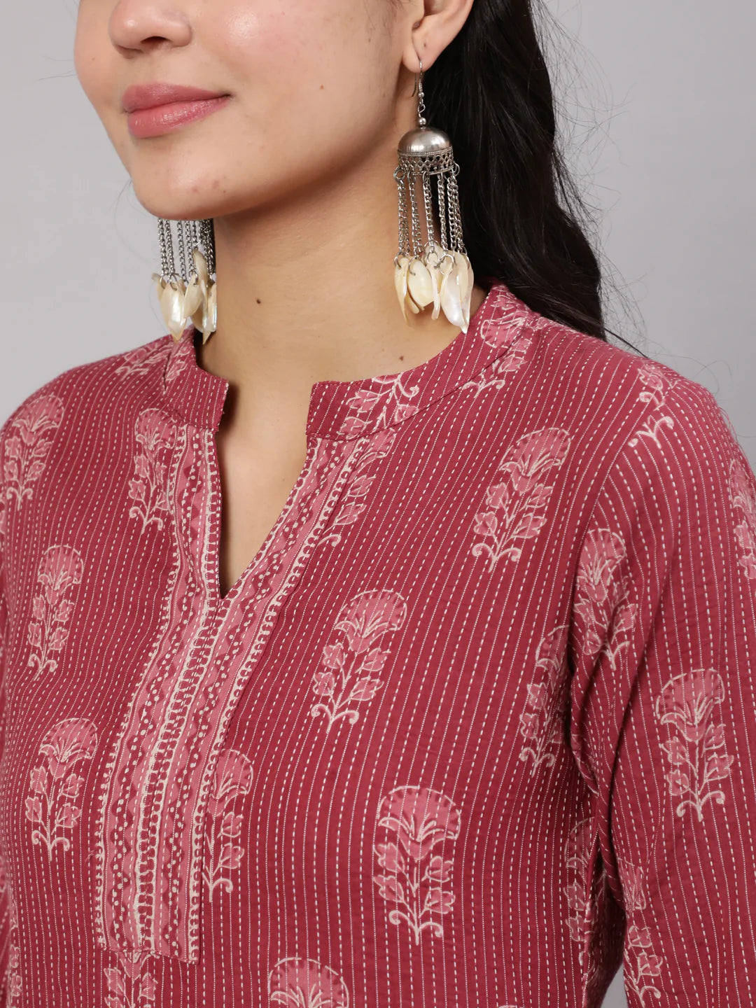 Mauve Printed Straight Kurta With White Solid Trouser