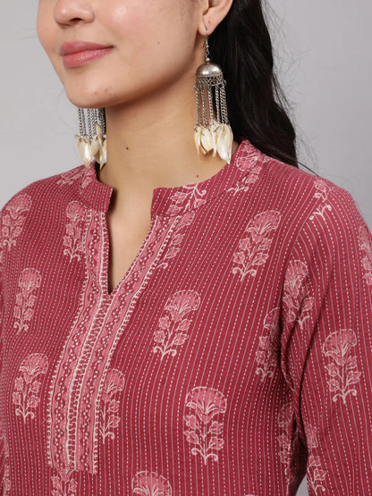 Mauve Printed Straight Kurta With White Solid Trouser
