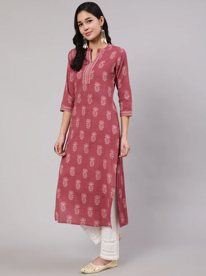Mauve Printed Straight Kurta With White Solid Trouser