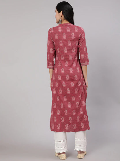 Mauve Printed Straight Kurta With White Solid Trouser