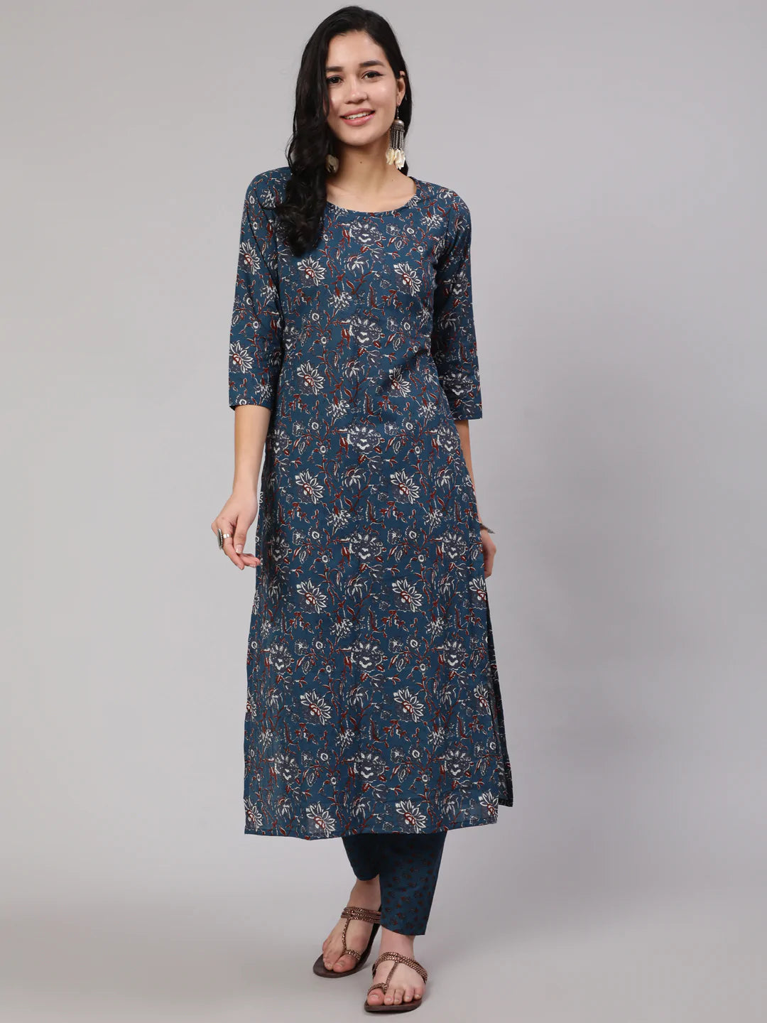 Blue Floral Printed Kurta With Trouser
