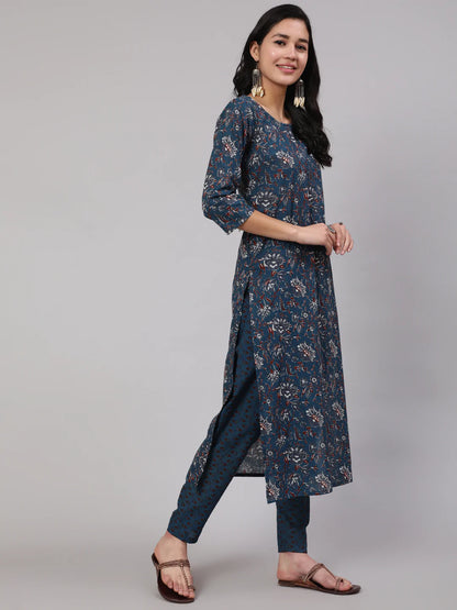 Blue Floral Printed Kurta With Trouser