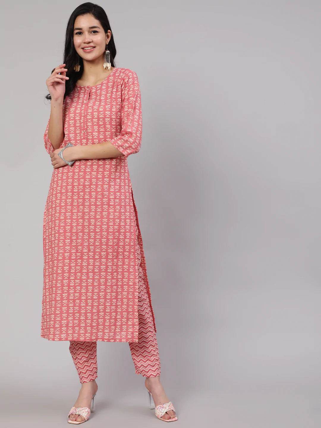 Pink Ethnic Printed Straight Kurta With Trouser