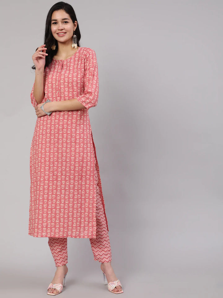 Pink Ethnic Printed Straight Kurta With Trouser