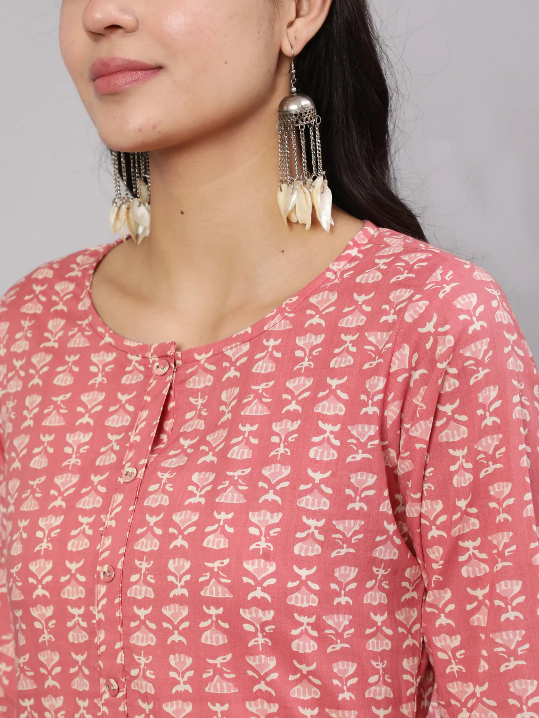 Pink Ethnic Printed Straight Kurta With Trouser
