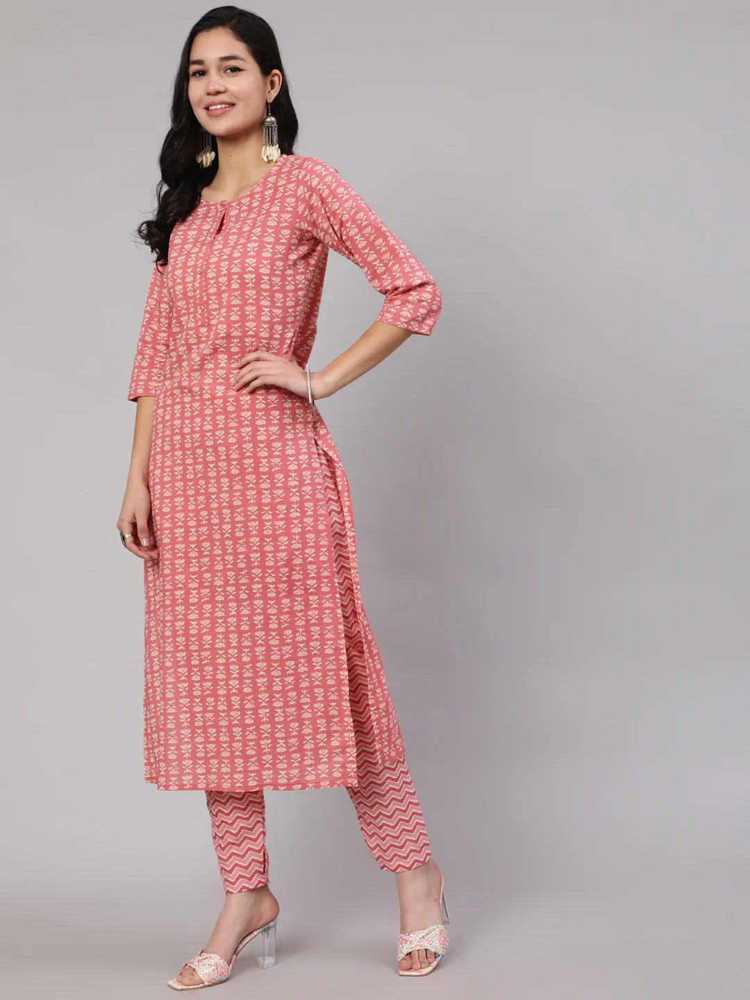 Pink Ethnic Printed Straight Kurta With Trouser
