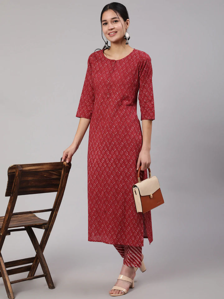 Burgundy Ethnic Printed Straight Kurta With Trouser