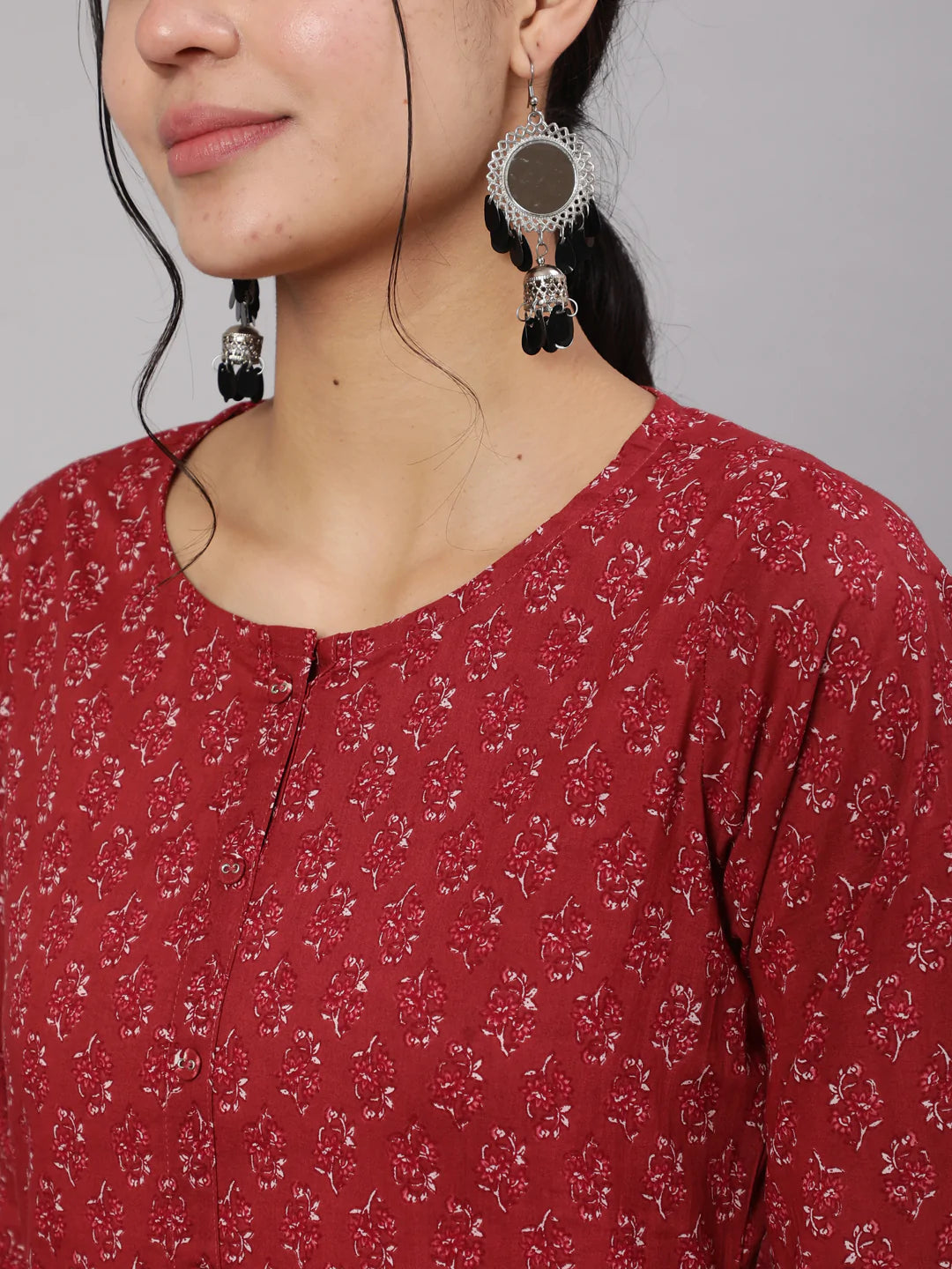 Burgundy Ethnic Printed Straight Kurta With Trouser