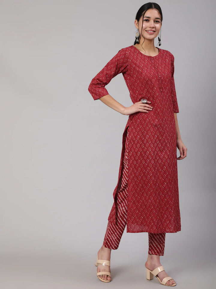 Burgundy Ethnic Printed Straight Kurta With Trouser