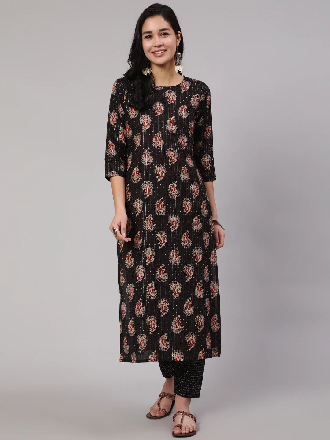 Black Ethnic Printed Straight Kurta With Trouser