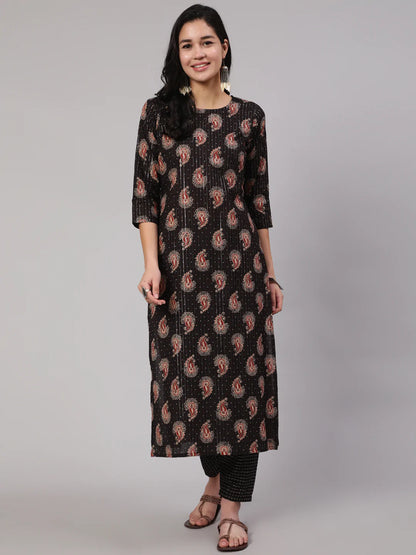 Black Ethnic Printed Straight Kurta With Trouser