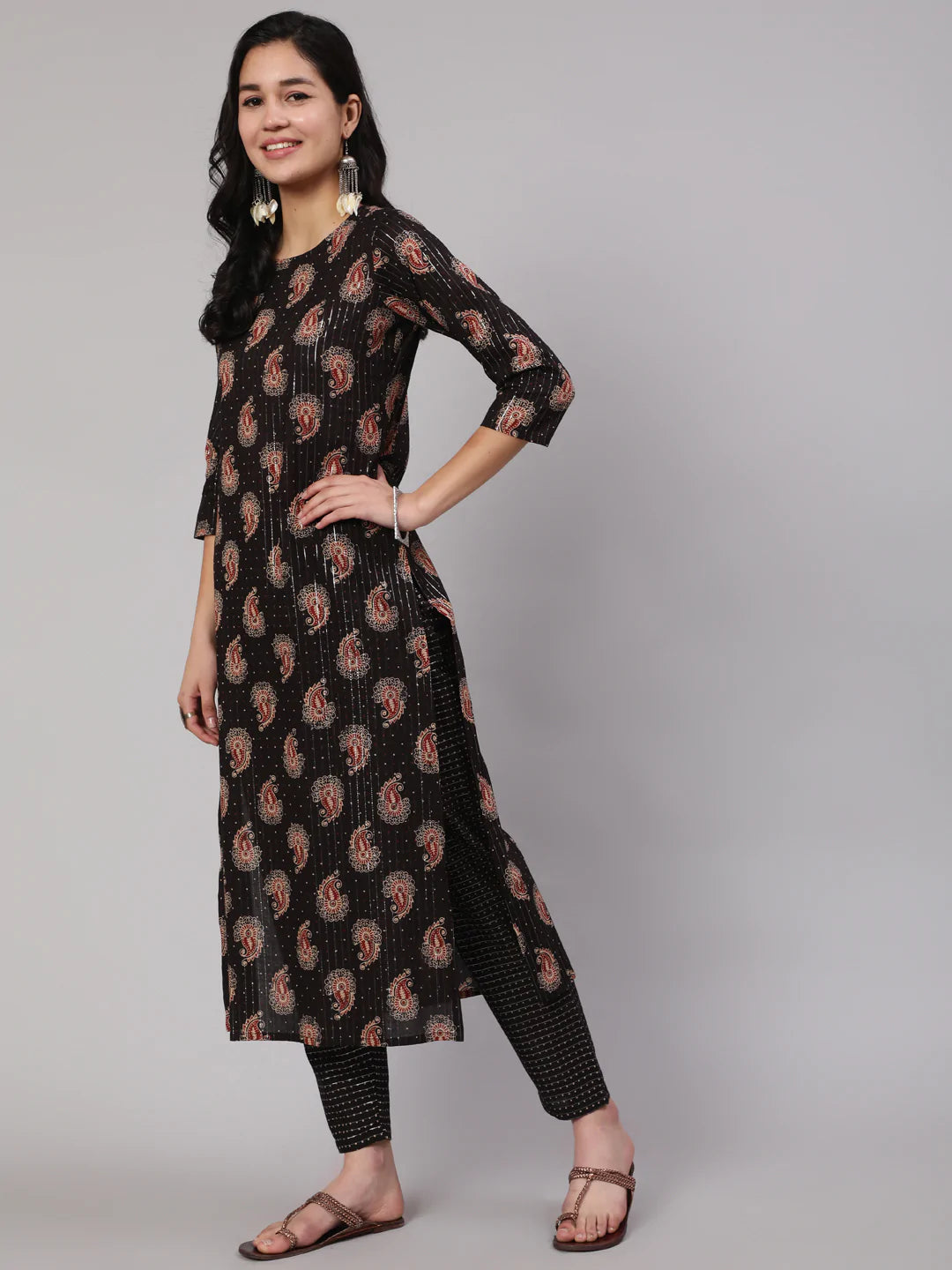 Black Ethnic Printed Straight Kurta With Trouser