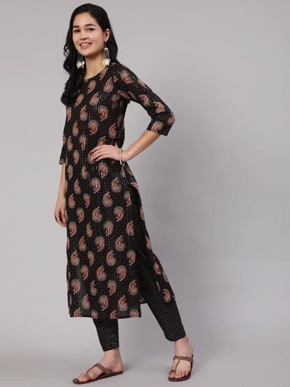 Black Ethnic Printed Straight Kurta With Trouser