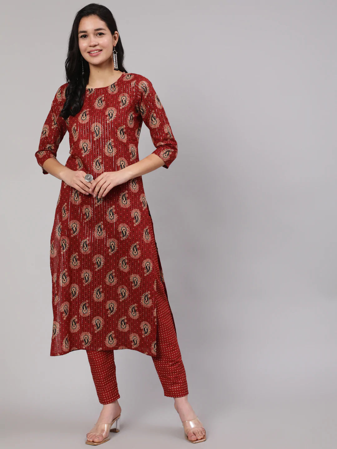 Maroon Ethnic Printed Straight Kurta And Palazzo