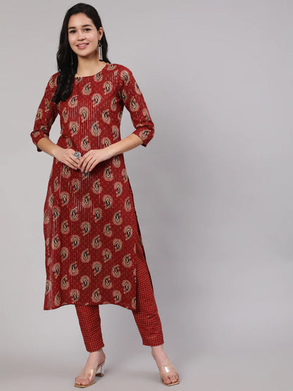 Maroon Ethnic Printed Straight Kurta And Palazzo