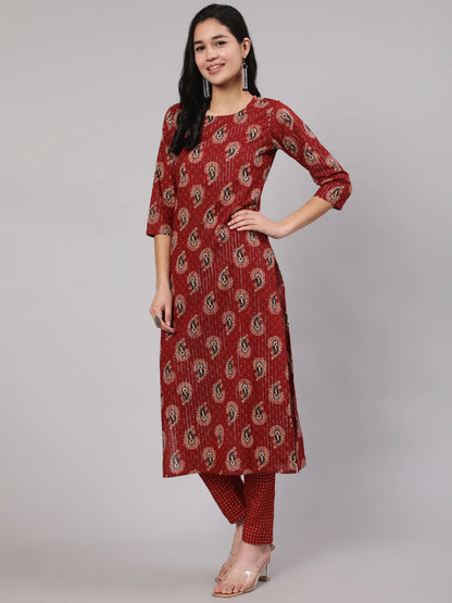 Maroon Ethnic Printed Straight Kurta And Palazzo