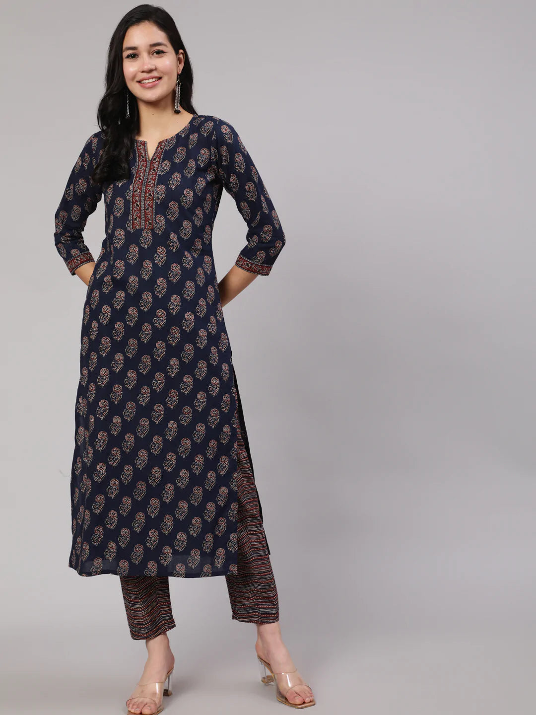 Navy Blue Ethnic Printed Straight Kurta With Trouser