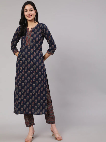 Navy Blue Ethnic Printed Straight Kurta With Trouser