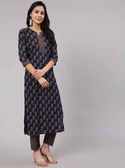 Navy Blue Ethnic Printed Straight Kurta With Trouser