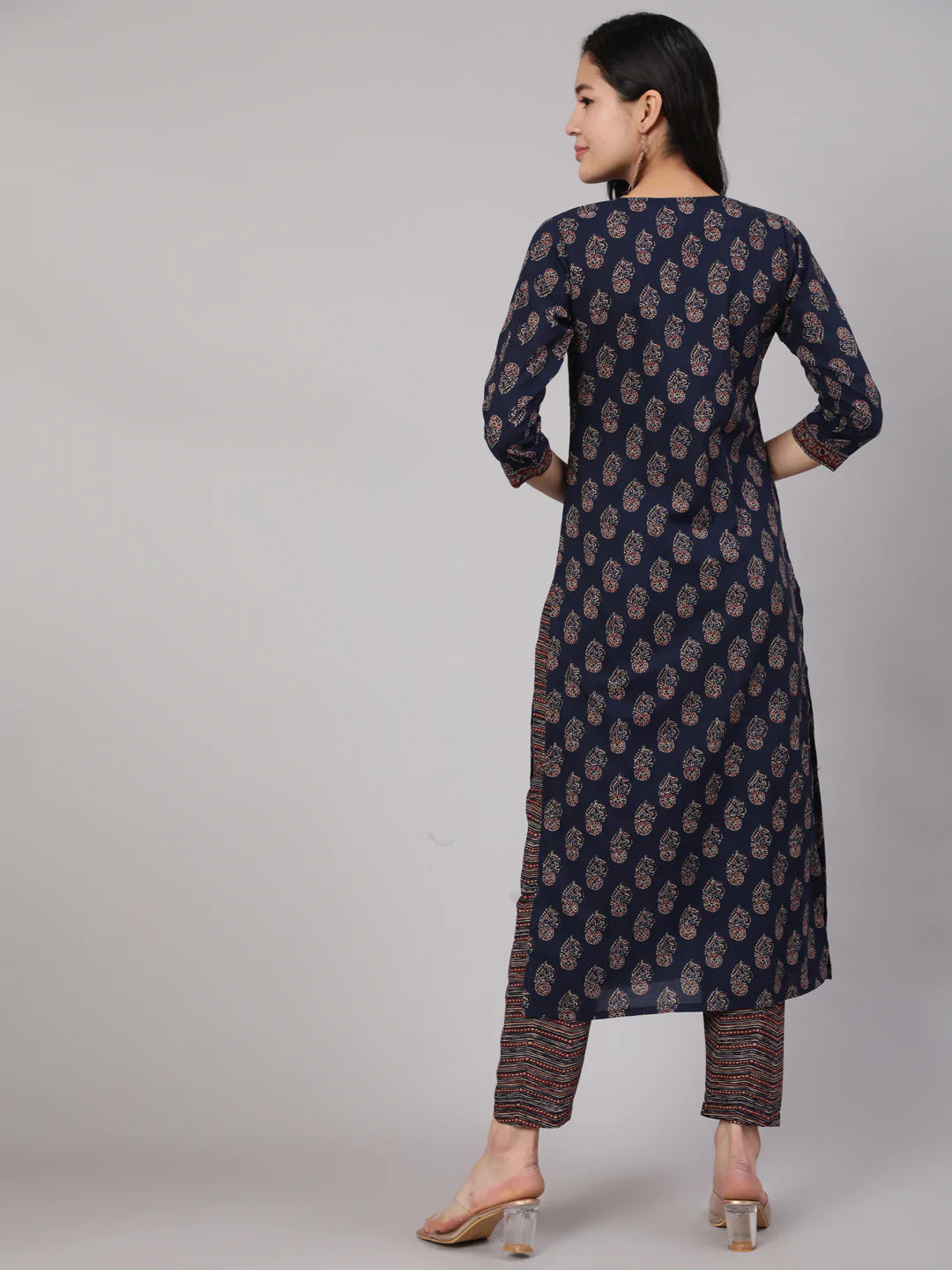 Navy Blue Ethnic Printed Straight Kurta With Trouser