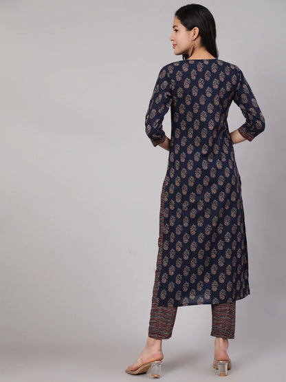 Navy Blue Ethnic Printed Straight Kurta With Trouser