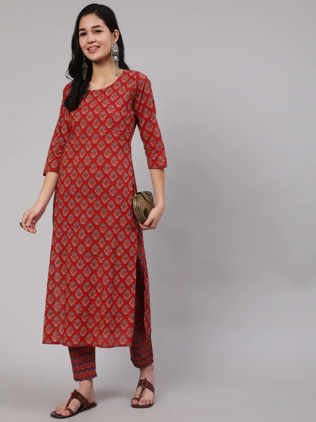 Maroon Ethnic Printed Straight Kurta And Palazzo