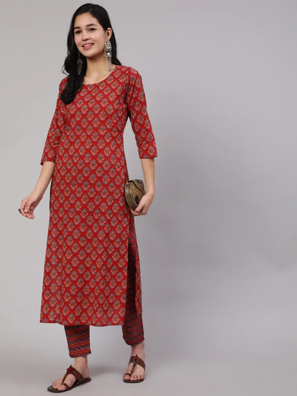Maroon Ethnic Printed Straight Kurta And Palazzo