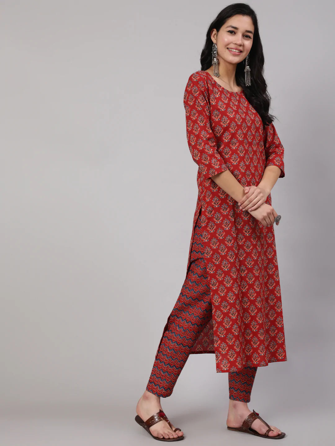 Maroon Ethnic Printed Straight Kurta And Palazzo