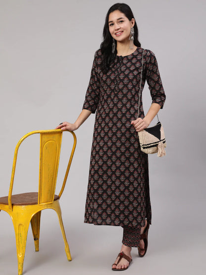 Black Ethnic Printed Straight Kurta With Trouser