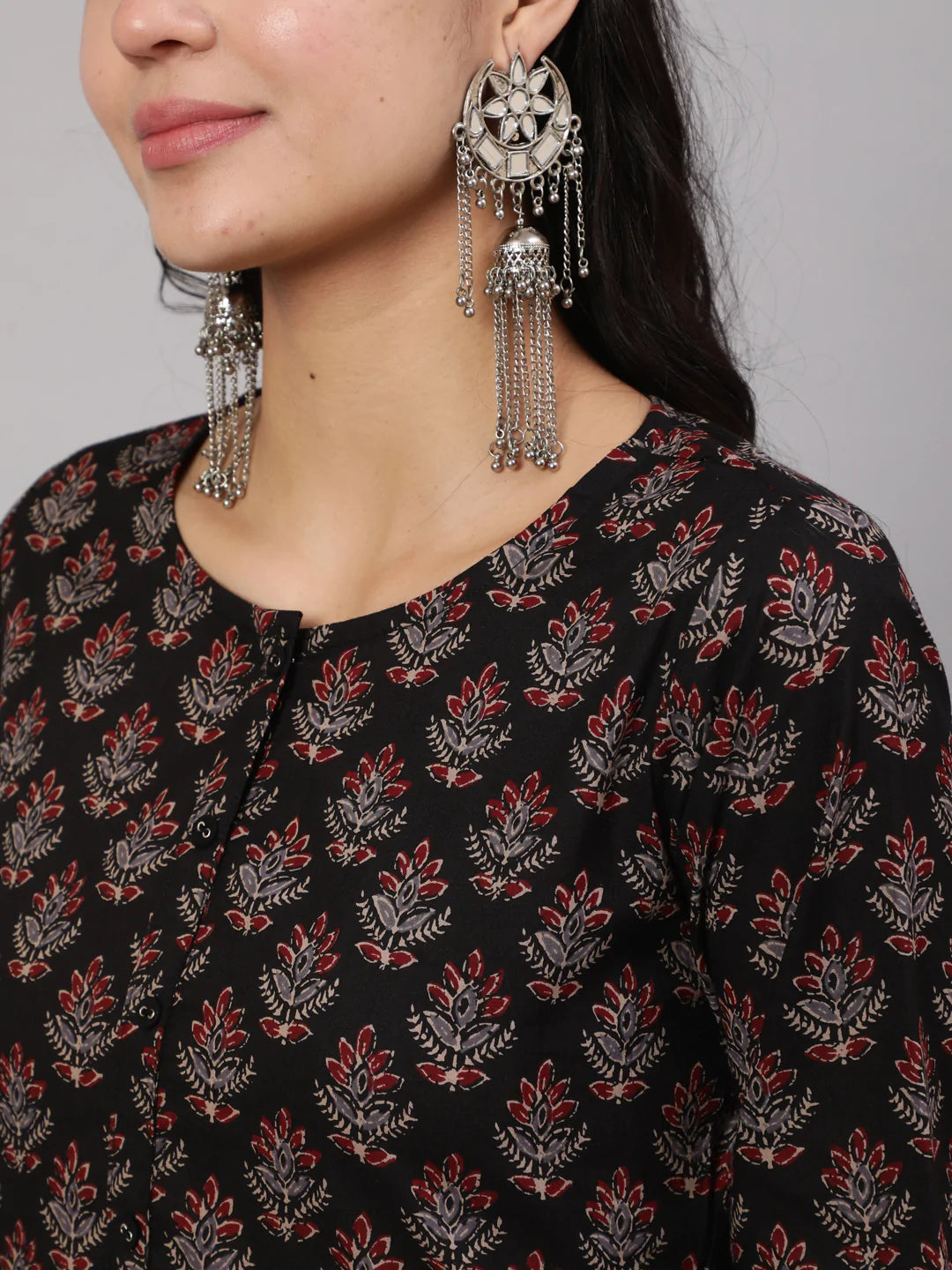 Black Ethnic Printed Straight Kurta With Trouser