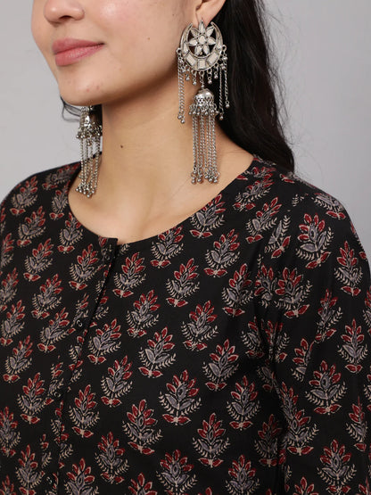 Black Ethnic Printed Straight Kurta With Trouser