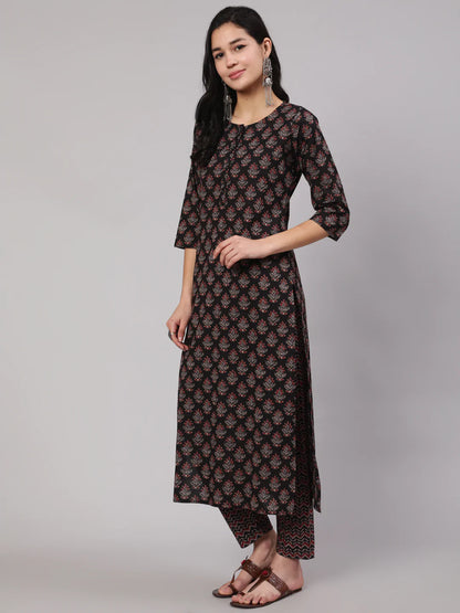 Black Ethnic Printed Straight Kurta With Trouser
