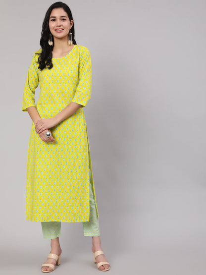 Lime Green Ethnic Printed Kurta With Trouser