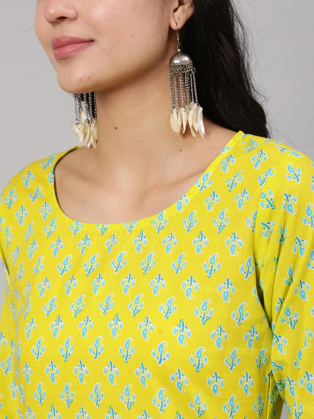 Lime Green Ethnic Printed Kurta With Trouser