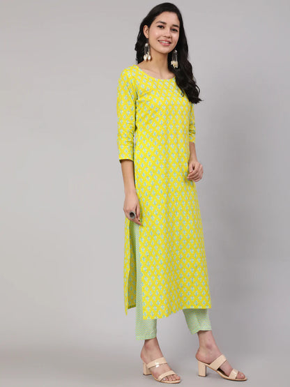 Lime Green Ethnic Printed Kurta With Trouser