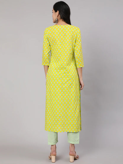 Lime Green Ethnic Printed Kurta With Trouser