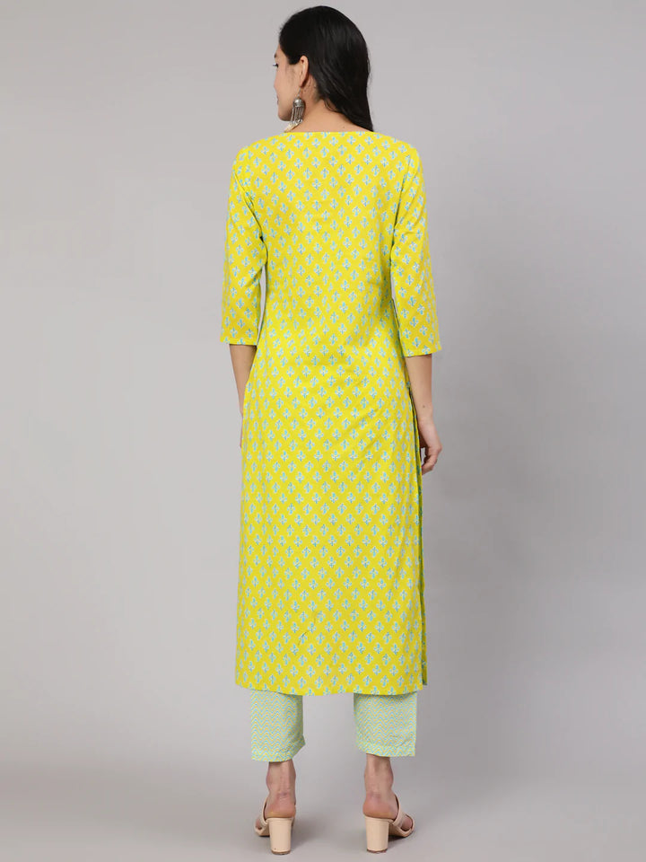 Lime Green Ethnic Printed Kurta With Trouser