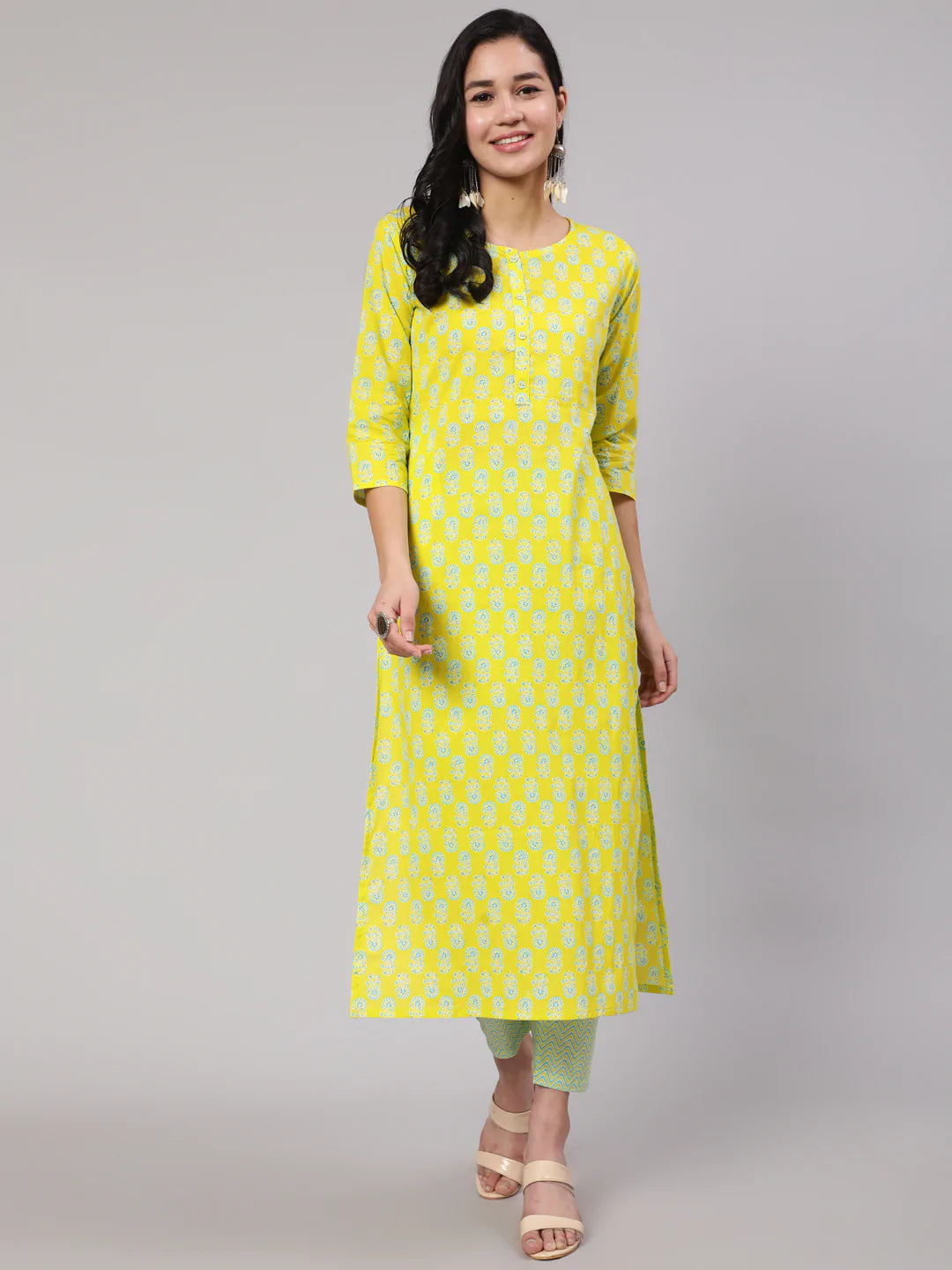 Lime Green Ethnic Printed Kurta With Trouser