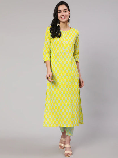 Lime Green Ethnic Printed Kurta With Trouser