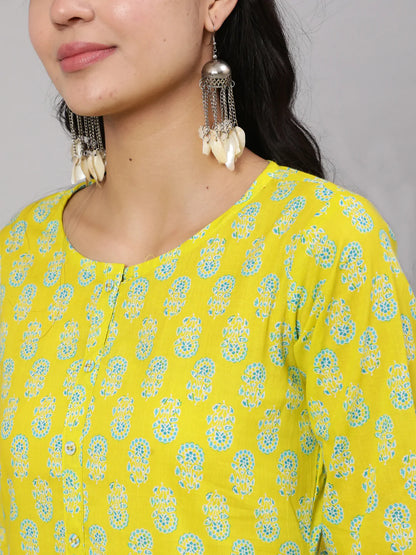 Lime Green Ethnic Printed Kurta With Trouser